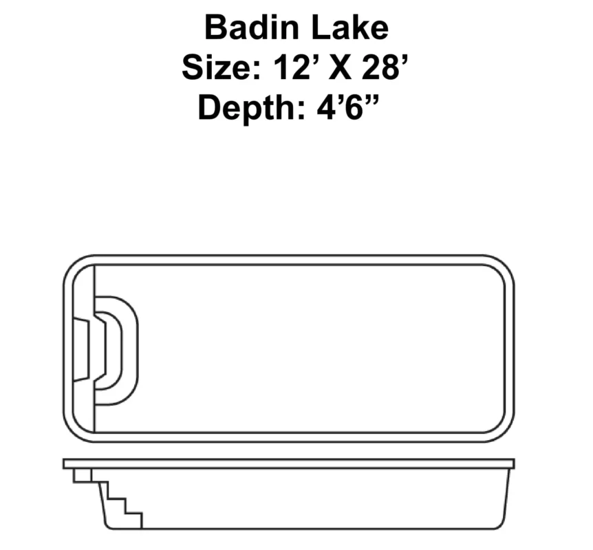 Badin Lake fiberglass pool specification sheet detailing dimensions and depth.