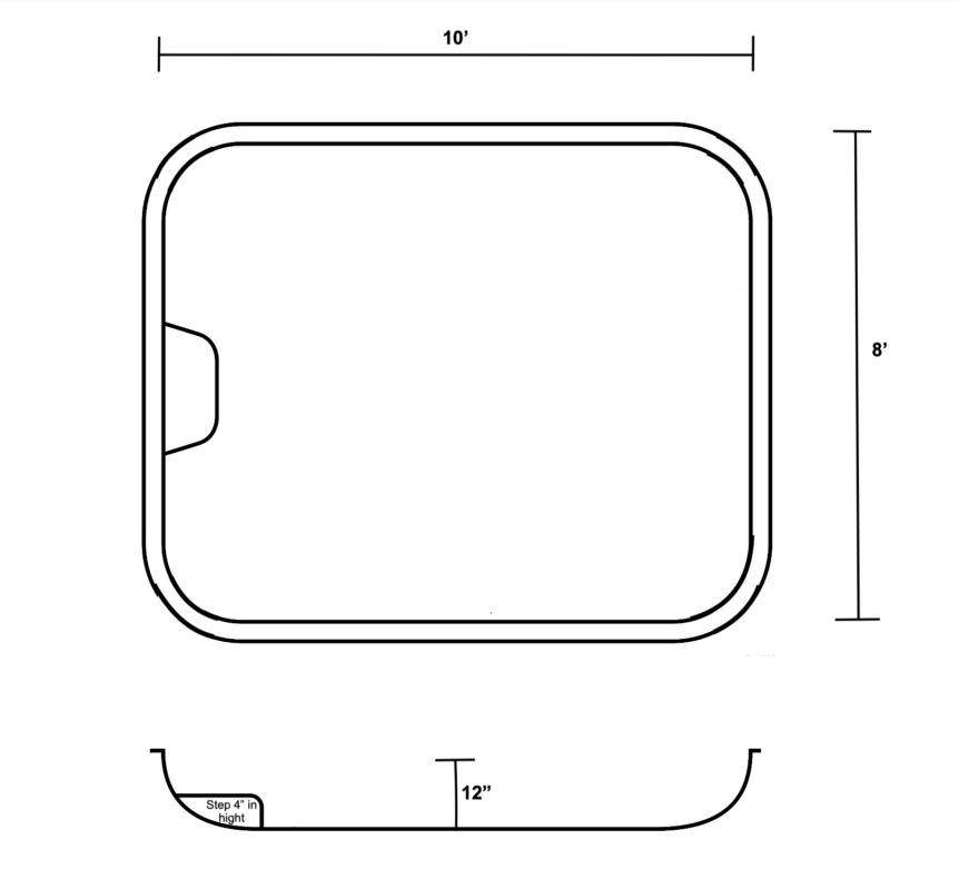 Rectangular tanning ledge specification sheet detailing dimensions and depth.