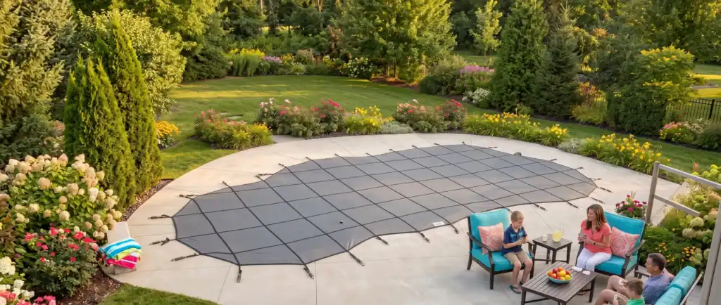 safety pool cover for family homes with fiberglass pool