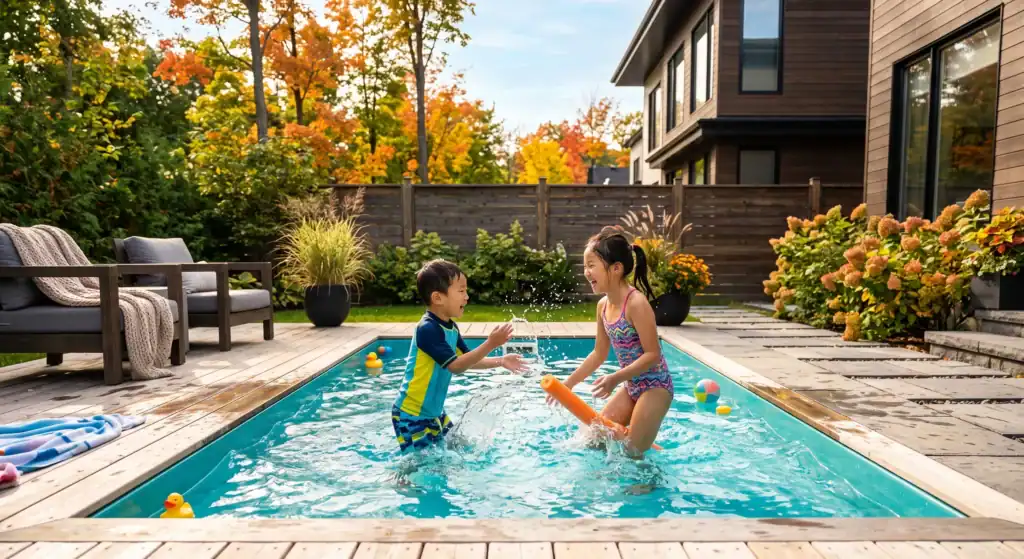 two children playin in a pool in the fall with a pool heater