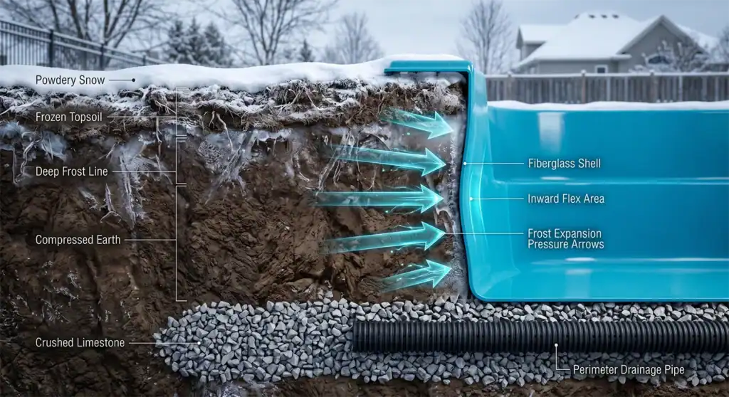 cross section of pool installation in winter