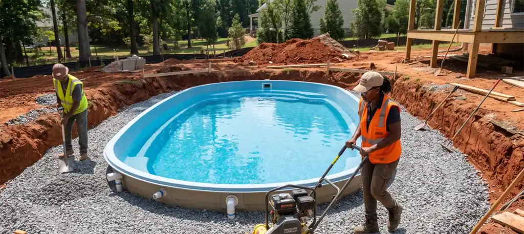 fiberglass pool installation in clay soil of a home