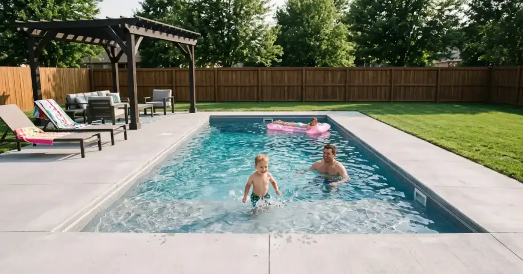 family swimming in a pool during summer having fun