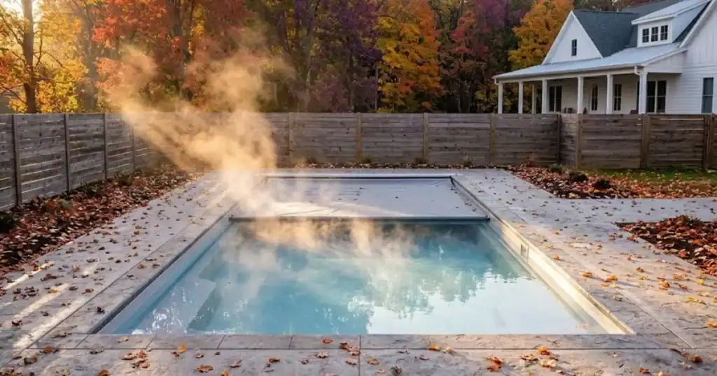 Pool heated by pool heater in a home's backyard during fall