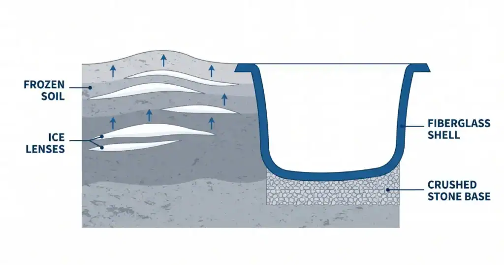 diagram of fiberglass pool in winter with frozen soil and ice lenses