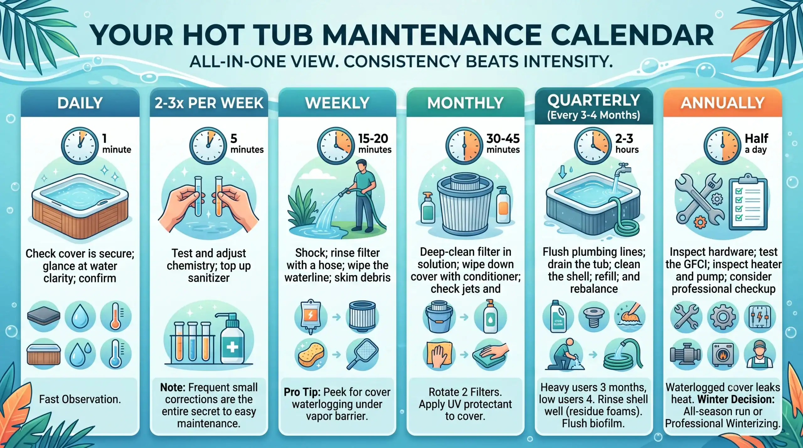 hot tub maintenance and repair daily, weekly, monthly, quarterly, annual calendar